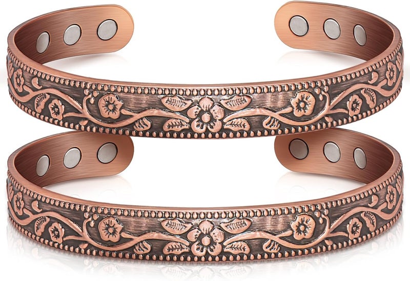 Auramag Copper Bracelets for Women, 99.99% Pure Copper Cuff Bangle with 3500 Gauss Magnets, Adjustable Jewelry with Gift Box(Set of 2) - Image 1